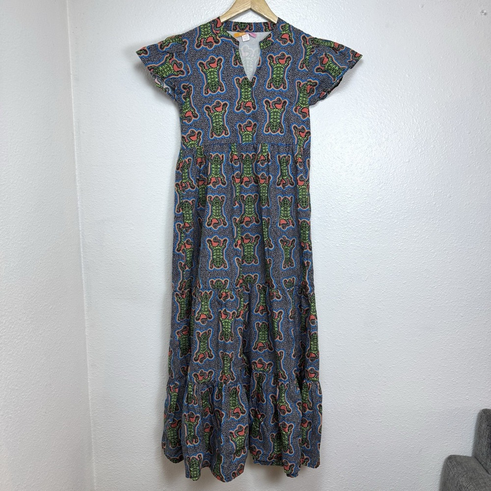 Briton Court Tiered Maxi Dress Tiger Print Polka Dot Womens XS Boho Colorful